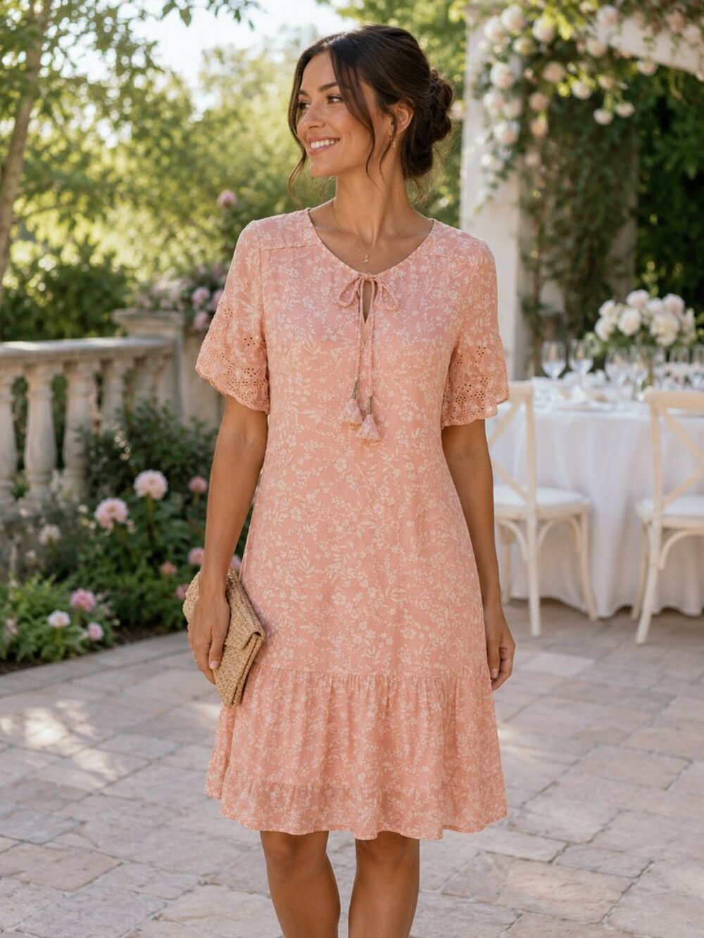 Sanctuary Pink Cream Floral Eyelet Lace Sleeve Midi Dress Women’s Medium